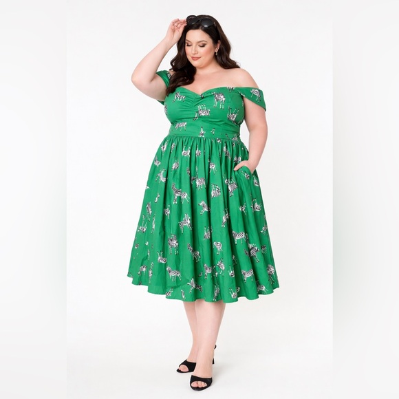 Unique Vintage Dresses & Skirts - Unique Vintage Green Zebra Print Off Shoulder Dress 4X